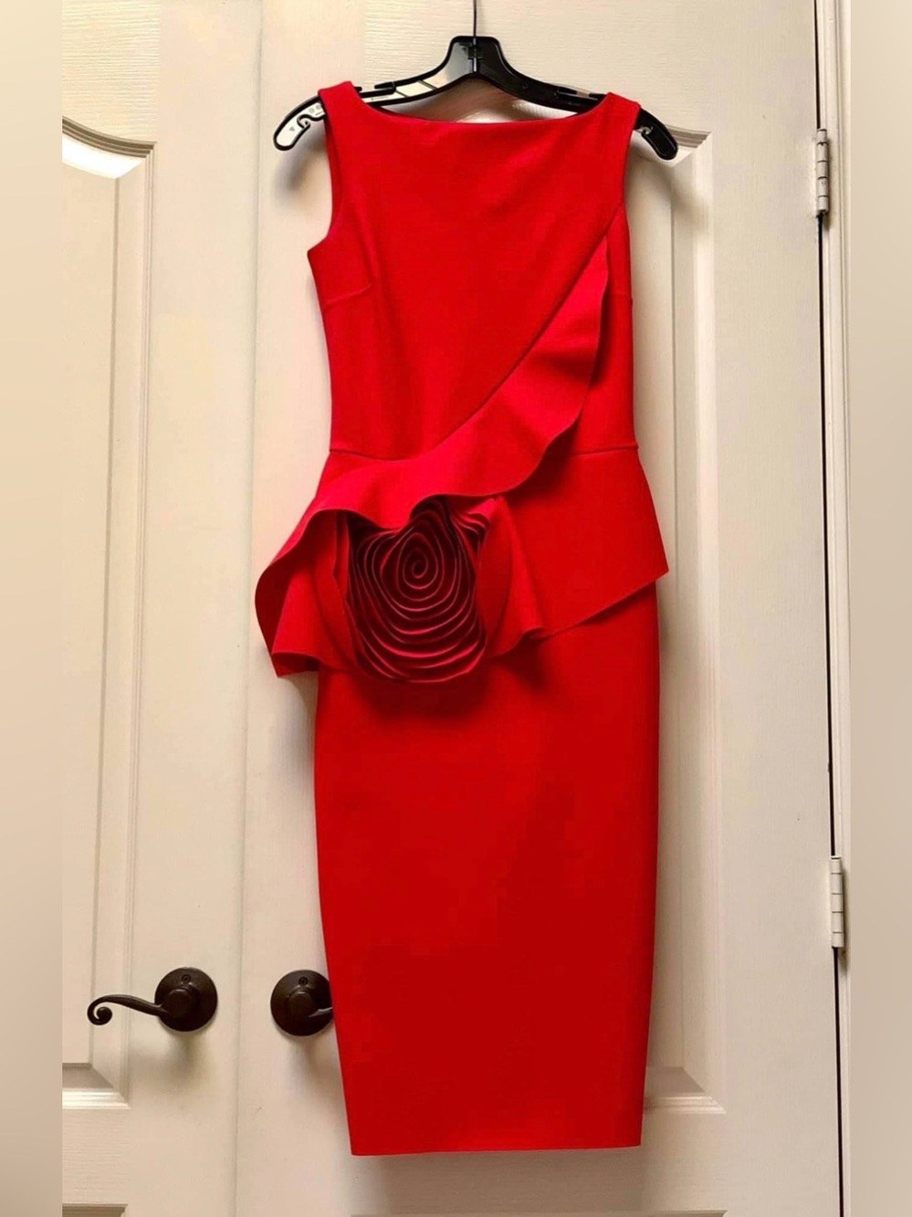 Chiara Boni Red Midi Dress with Sculpted Floral Peplum